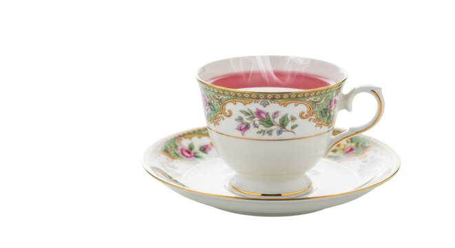 Elegant floral teacup with steaming pink tea isolated PNG, vintage porcelain cup and saucer on transparent background, afternoon tea clipart