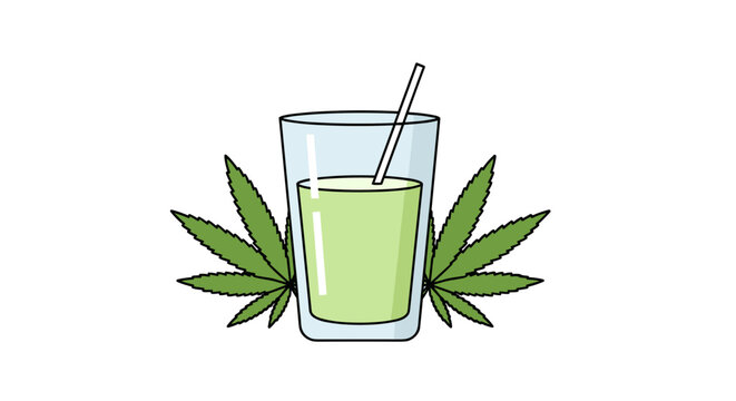 Glass of green cannabis lassi with hemp leaves and straw