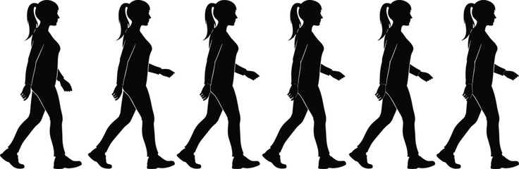 Female Walking Silhouette Animation Sequence Side View Woman Stride Motion Isolated on White Background Vector Illustration Set