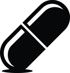 Black and white icon of a single capsule on a white background pill medicine