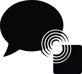 Black icon of a large speech bubble and a signal icon with concentric rings chat message