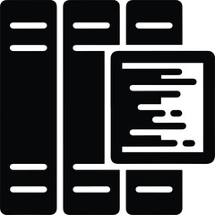 Black icon of books on a shelf with a tablet displaying text library reading