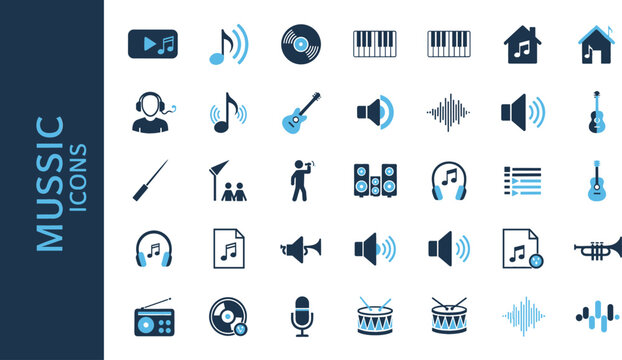 Professional music and audio vector icon collection featuring instruments, headphones, sound waves, speakers, and musical notes for multimedia interface design