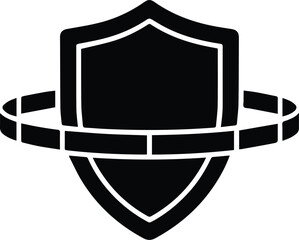 Shield icon with orbiting ring on white background security protection