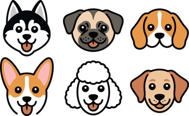 Obraz premium Collection of six diverse dog breed faces as simple, colorful cartoon icons: husky, pug, beagle, corgi, poodle, and labrador.