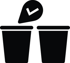 Two trash cans with a checkmark in a location pin icon Keywords: icon, trash cans, garbage bins