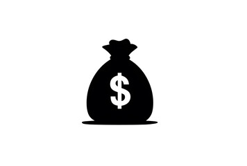 Black money bag icon with dollar sign symbol isolated on white background, modern flat vector illustration for finance business banking concept, ideal for website, app, report, presentation