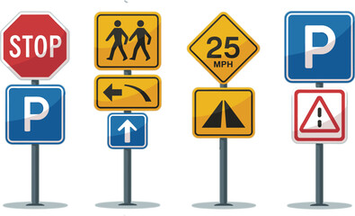 Road traffic signs set on poles including stop, pedestrian crossing, speed limit, parking, warning and direction symbols for urban transportation safety design