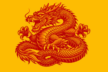 Obraz premium Powerful Chinese Imperial Dragon Engraving Illustration. Mythological oriental symbol in dynamic red and gold graphic style, representing strength and fortune.