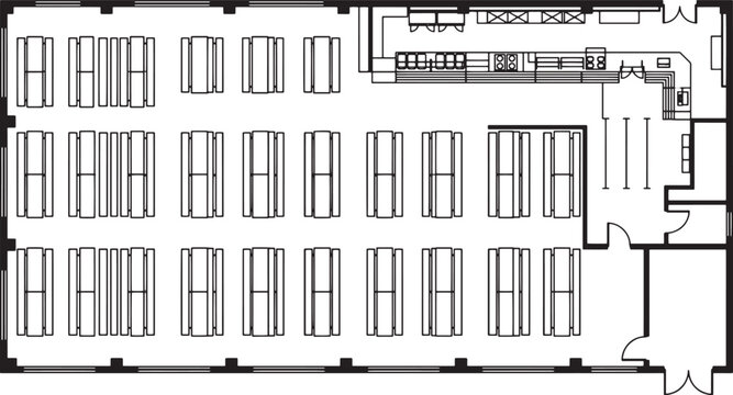 Detailed top-down plan view of a modern dining establishment, highlighting the thoughtful interior design and spatial arrangement.