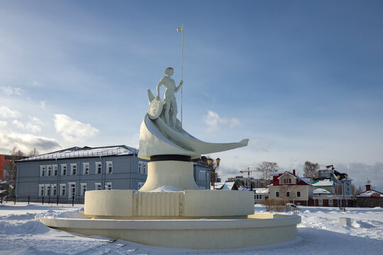 PETROZAVODSK, RUSSIA - MARCH 15, 2025: Sculpture "Onego" on the winter embankment, Petrozavodsk. Republic of Karelia