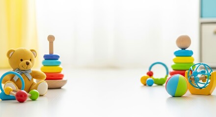Obraz premium A colorful toy set with a teddy bear, colorful rings, and a ball in a bright, well-lit room with a yellow curtain.