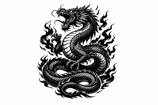Aggressive Chinese Dragon Tattoo Engraving Vector - Black and White Mythological Beast Artwork surrounded by Fire and Smoke