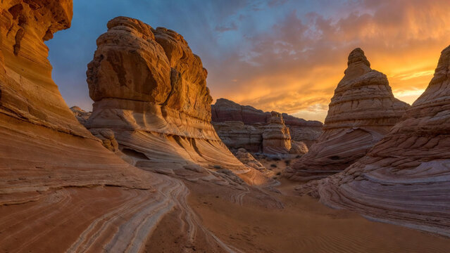 Stunning sandstone rock formations in a desert canyon at golden hour sunset.