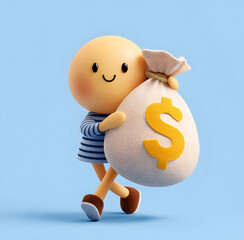 Cute cartoon character carrying money bag with dollar sign isolated on white background, 3d illustration created by designer in studio for finance startup branding to symbolize profit, savings concept