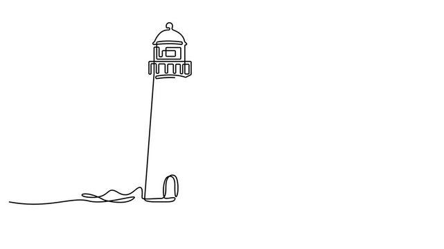 Lighthouse continuous one line drawing animation. Continuous line drawing of a lighthouse on rocks in the sea. Light house with beams of light shining in all directions in simple linear style. 4K vide