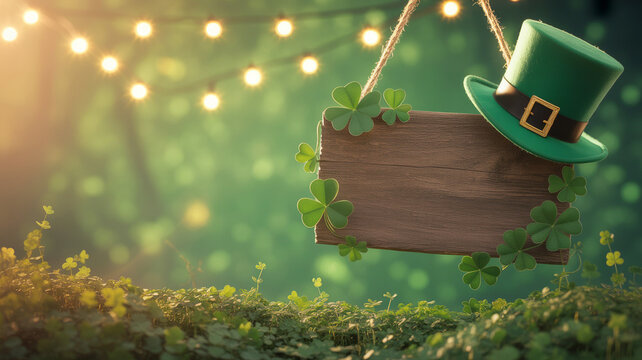 St patrick s day themed blank wooden sign with a green hat and clovers