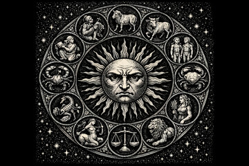 Obraz premium Vintage Occult Zodiac Wheel with Sun Face. Engraved Astrology Circle featuring 12 Horoscope Signs on a Starry Celestial Background.