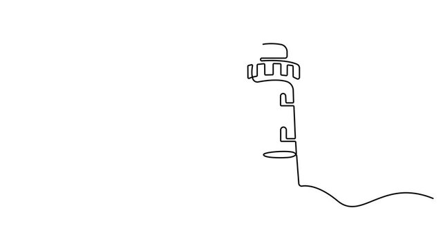 Lighthouse continuous one line drawing animation. Continuous line drawing of a lighthouse on rocks in the sea. Light house with beams of light shining in all directions in simple linear style. 4K vide