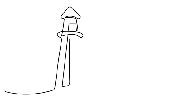 Lighthouse continuous one line drawing animation. Continuous line drawing of a lighthouse on rocks in the sea. Light house with beams of light shining in all directions in simple linear style. 4K vide