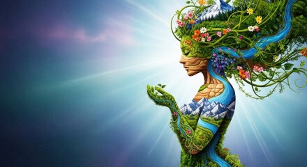 Fototapeta premium A surreal, ethereal figure with flowing green and blue vines and flowers, standing in a cosmic, ethereal space with a gradient sky and stars.
