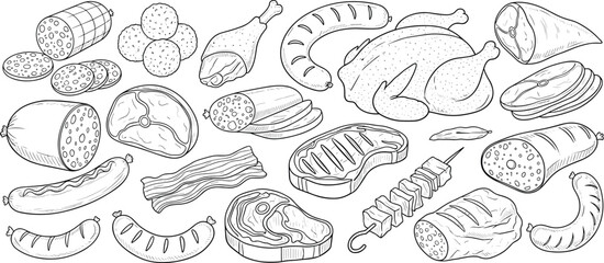 Engraved meat and poultry collection. Hand drawn sausage, steak, chicken and deli cuts. Vintage black and white butcher illustration set isolated for menu and packaging design.