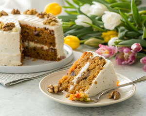 A delicious carrot cake with cream cheese frosting on a white plate.