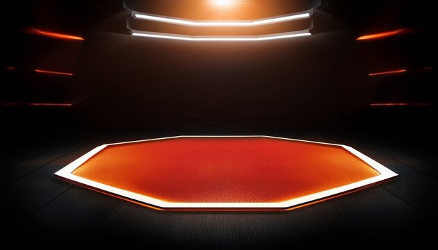 inside empty ufc octagon octagon inside black background black stadium in the background red back light bright front yellow light studio light