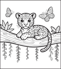 Obraz premium Jungle animal in natural scene coloring page for kids, black line art vector illustration for children's activity book design