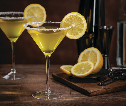 Lemon drop martini with sugar rim and lemon slice