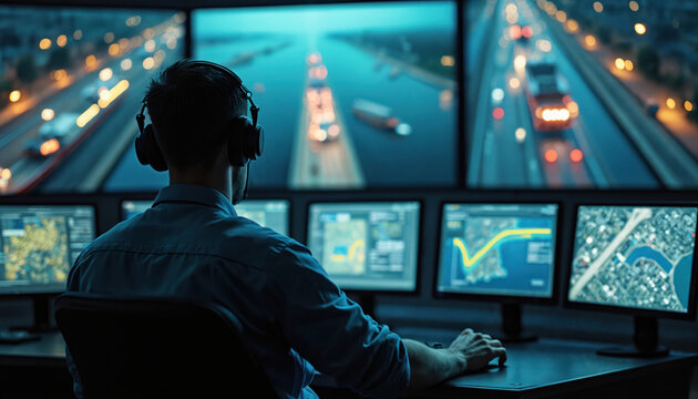 Traffic control officer monitors ship and car movements on multiple screens. Logistics planner uses navigation system. Urban transport network operations center.