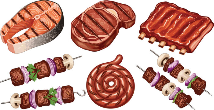 Grilled meat and barbecue set. Juicy steak, salmon slice, ribs and skewers with vegetables. Realistic BBQ food illustrations isolated for restaurant menu and grill design.
