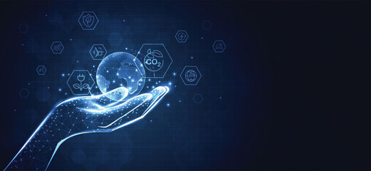 Sustainability Technology Overlay Collection with Digital Hand, Transparent Globe, and Eco Icons Featuring Renewable Energy, CO₂ Reduction, and Environmental Innovation for Green Design Projects