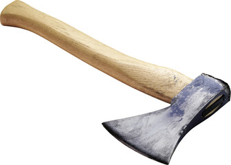 Old rusty axe with metal blade and wooden handle isolated on white background © Limon_png
