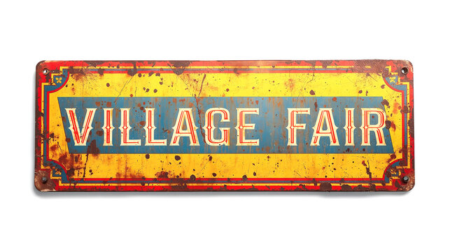 Vintage yellow and blue Village Fair metal sign isolated on white