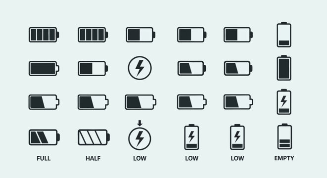 Battery Level Indicators Showing Various Charges.