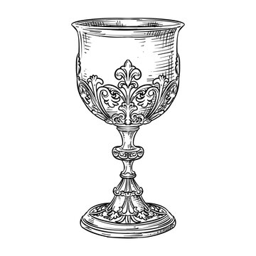 ornate gold chalice vector line art hand drawn illustration