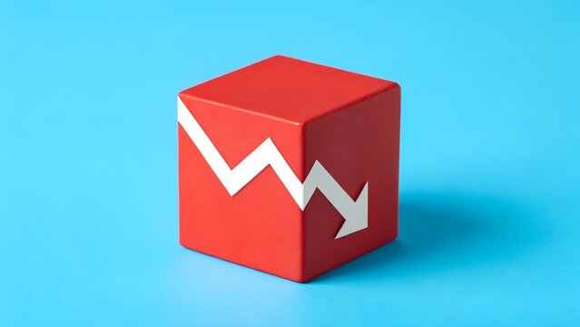 Red Cube with Downward Arrow &ndash; Decline, Finance, Economy, Business, Loss, Negative Trend, Statistics, Market, Analysis