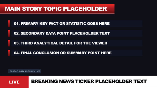 Vector news broadcast template with red topic bar, white numbered list, and live breaking news ticker on a dark charcoal background for presentation or website.