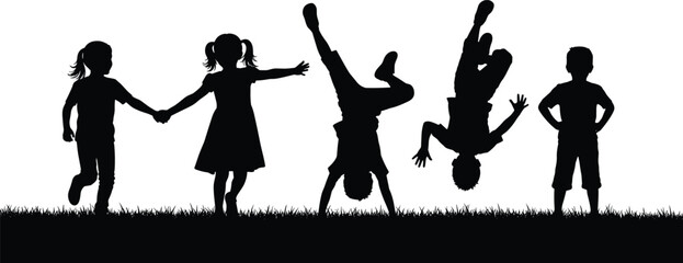 Large collection of black and white children silhouettes featuring young boys and girls playing and doing cartwheels on a grassy field isolated on white background. © MSTMUNMUN