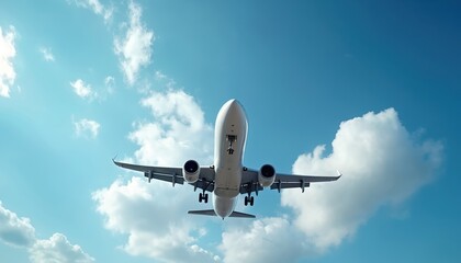 Obraz premium Large passenger jet flies through cloudy blue sky from below. Aircraft descends, travel journey concept, bright day, clear weather. Tourism, vacation, transport idea.