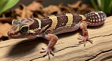 Obraz premium Reptile with patterned skin and large eyes rests on wood.