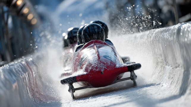 Professional bobsleigh team racing down an icy track at high speed during a winter sports championship for victory and teamwork concepts