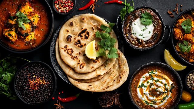 Assorted indian food platter on black background, colorful traditional dishes, top view with copy space
