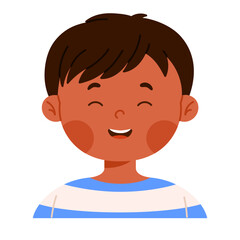 Obraz premium Laughing cute black boy character with joyful facial expression. Facial expression concept. Happy child avatar with positive emotion. Isolated vector illustration