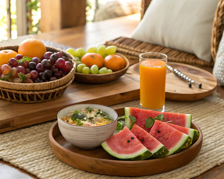 A vibrant and healthy breakfast spread featuring fresh fruits and a refreshing juice.