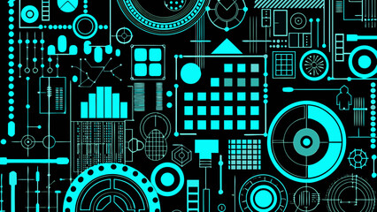 Obraz premium Neon blue technical schematics and abstract geometric patterns on black