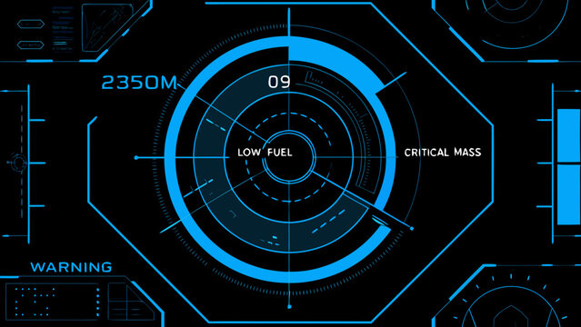 Futuristic targeting system display with critical warnings and range indicators