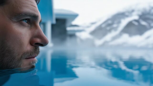Contemplative man gazing over serene pool with mountain backdrop
