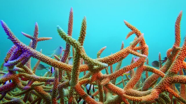 Colorful fish swim around coral reefs in clear blue water. Tropical underwater environment filled with marine life. Coral branches stretch outward as fish move gracefully.